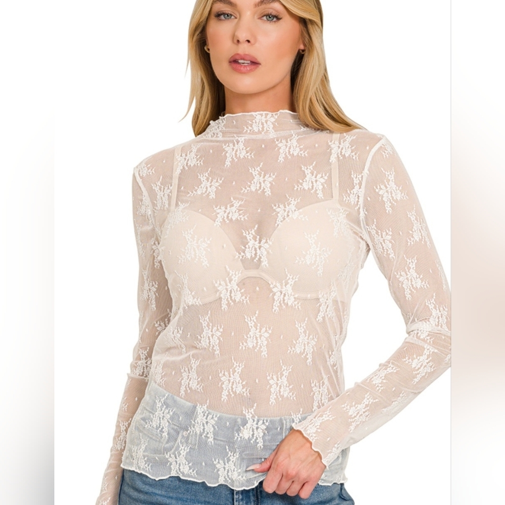 Z113 NWT Zenana Outfitters White Sheer Lace Long Sleeve Top Sz Sm Md Lg Stretch - Picture 1 of 8